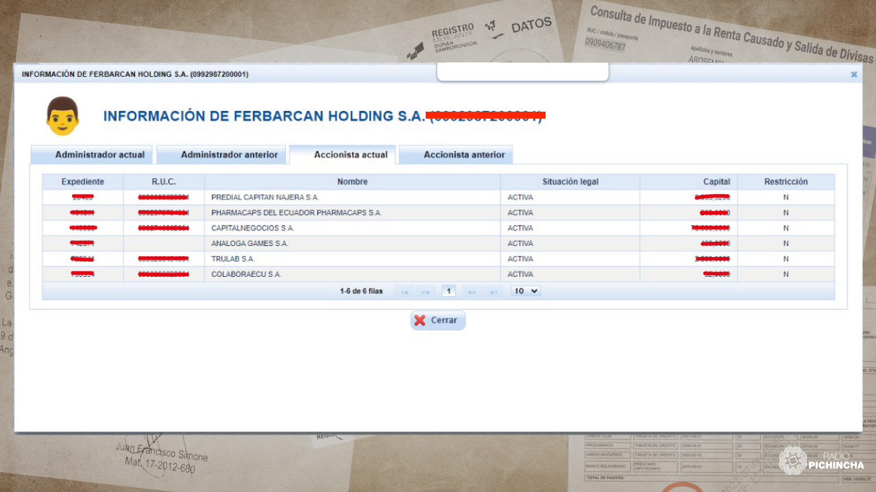 Ferbarcan Holding es uno de los accionistas de Colaboraecu, otra empresa relacionada con el ministro Arosemena. 